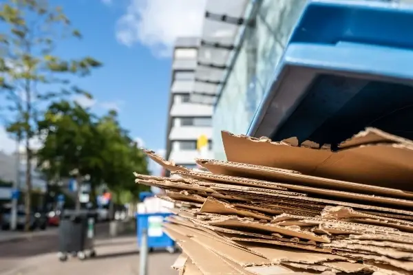 Blue recycling bin filled with cardboard