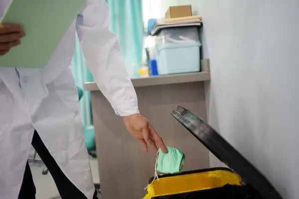 hospital staff throwing away mask into the bin